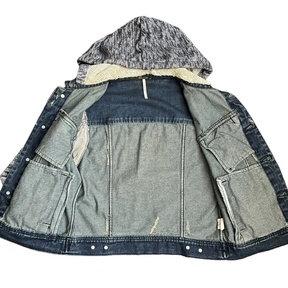 Free People Blue Knit Hooded Denim Jacket XS - Picture 3 of 8